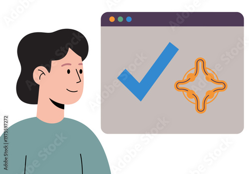 A smiling young woman interacts with a computer displaying a qubit success data graphic. Modern, clean illustration style. Positive and professional.