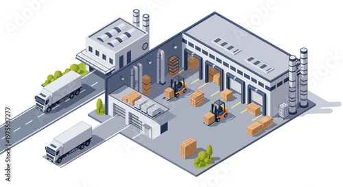 Isometric vector illustration depicting industry supply chain manufacturing logistics with trucks at a factory loading dock, showcasing engineering and computer technology in a 3D business