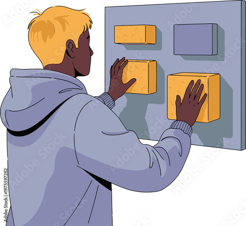 A young man experiments with sound absorption materials on a wall in a studio setting. He interacts with textured blocks, demonstrating sound absorption principles. Modern illustration.