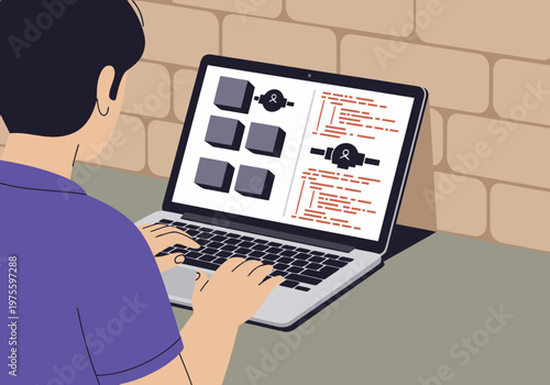 A young man focuses on coding on a laptop displaying a quantum logic development interface. He?s working intently against a brick wall backdrop. Modern, digital, and professional.
