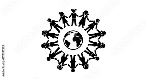 Monochrome vector illustration showing a circle of diverse people holding hands around the world in a stylized design, symbolizing global health and community wellness against a clean white