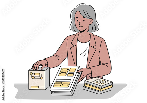 A professional woman examines packaging at a studio, showcasing soundproof material. She?s focused and stylish, presenting a modern business scene.