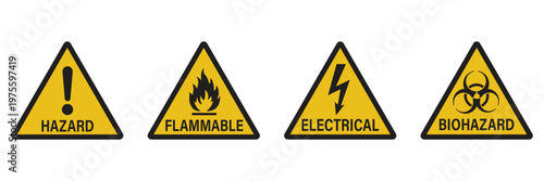 Warning triangular caution shapes signs with various danger symbols: hazard, flammable, electrical, high voltage, biohazard, skull with bone