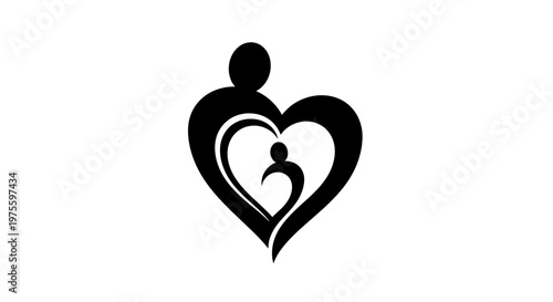 Stylized vector illustration showing a silhouetted person cradling a smaller figure within nested heart shapes against a clean white background, conveying a message of care and support