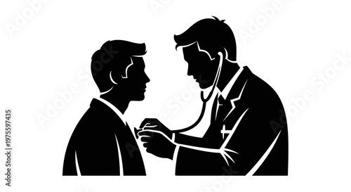 A black silhouette vector illustration depicts a doctor examining a patient with a stethoscope, showcasing a health business concept against a clean white background for World Health Day
