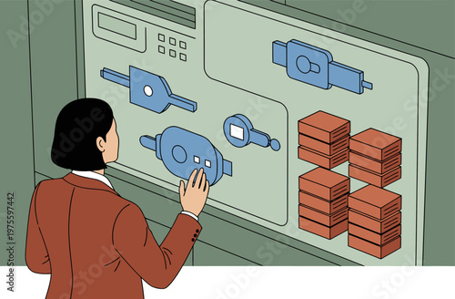 A professional woman interacts with a futuristic control panel displaying various components and data stacks. The image showcases a modern, technological interface with a clear, focused composition.