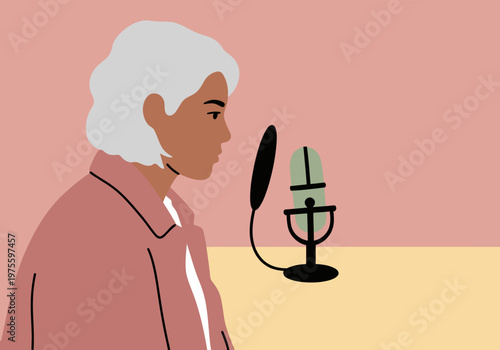 A professional woman records a podcast in a soundproof studio interior. She wears a pink jacket and speaks into a microphone. Clean, modern design.