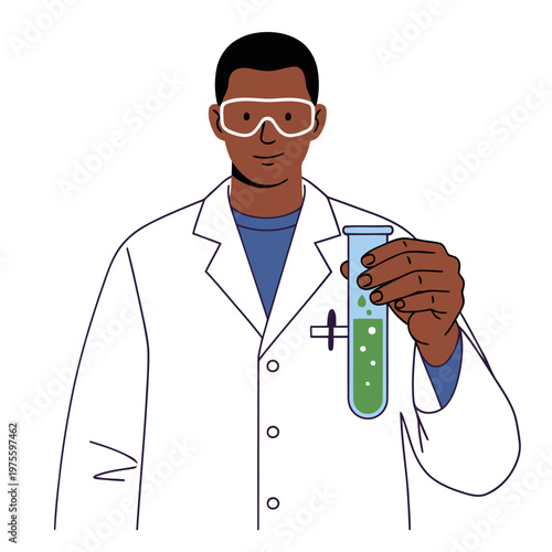 A professional Black scientist examines a green liquid in a lab, conducting a collagen protein test. Clean, modern illustration. Suitable for health, science, and wellness themes.