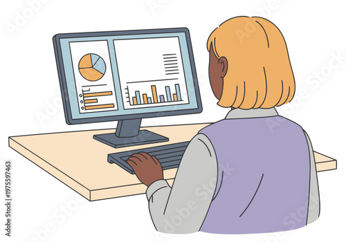 A young professional analyzes drought resistance water data on a computer screen. A clean, modern workspace with data visualizations. Focus on the woman's back and the monitor.