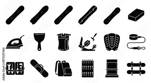 Extensive collection of snowboarding gear, accessories, and maintenance tools presented as minimalist glyph icons, perfect for web graphics, educational materials, and winter sports