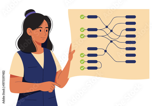 A professional esthetician presents radiant data, showcasing a branching diagram with success indicators. Modern, clean design with a smiling woman in a blue vest.