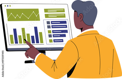 A professional man analyzes data on a computer screen, pointing at charts. Modern business analytics illustration. Clean, bright, and focused.