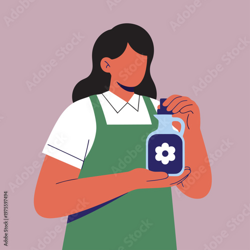 A professional massage oil therapist holds a decorative bottle, showcasing a serene massage oil therapy session. Clean, modern illustration.
