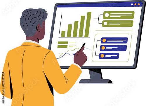 A professional man analyzes data on a screen, pointing and reviewing charts. Modern business illustration with a focus on data insights and strategic decision-making.