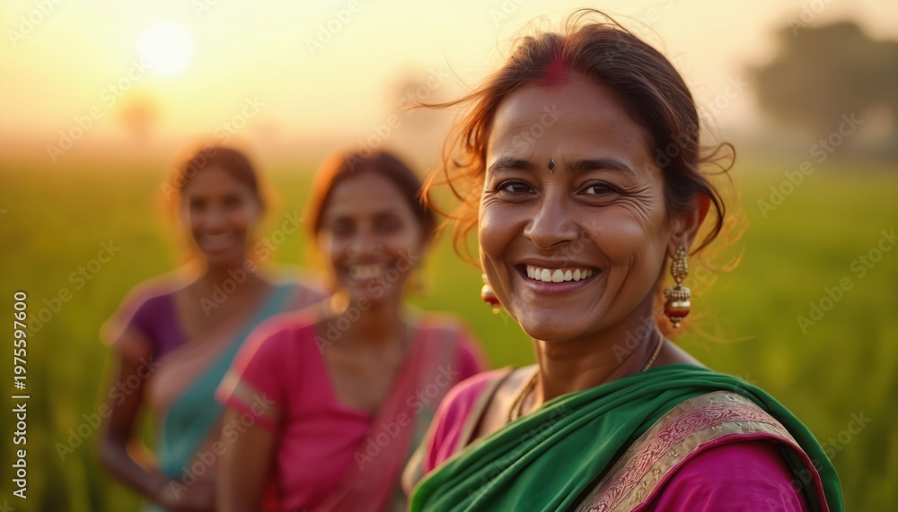 Obraz premium Indian women farmers smile during golden hour sunset in rural field. They wear colorful sarees, showing happiness and community spirit. Agriculture work in India.