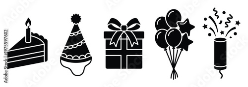 Collection of festive party celebration icons including cake with candle, party hat, gift box, balloons, and confetti popper for event greeting cards and holiday promotions