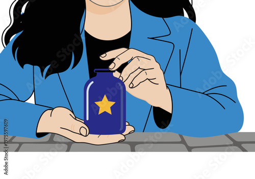 A stylish young woman examines a blue Frankincense oil bottle, showcasing a luxurious scent. Warm tones and a focused expression create a premium feel.