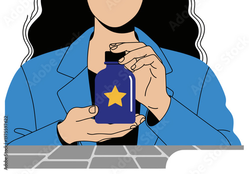 A stylish young woman holds a frankincense oil bottle, radiating a luxurious scent.  Modern illustration with bold colors and a focus on wellness and aromatherapy.