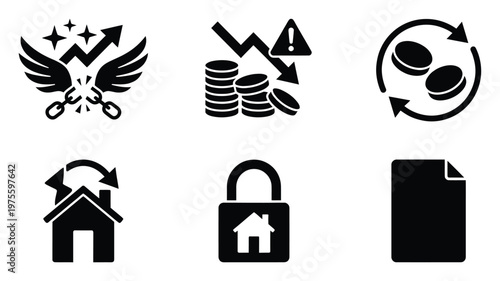 Black vector icons depicting financial growth, economic risk, property security, home relocation, and currency exchange, suitable for business presentations, financial reports, and digital