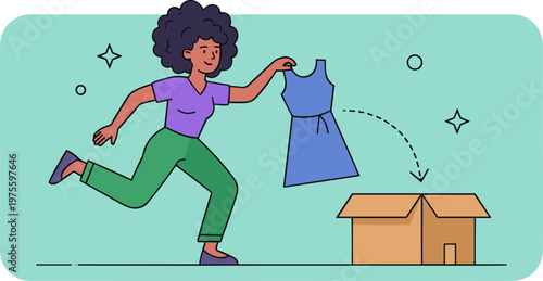 Woman runs excitedly with dress towards open cardboard box in room