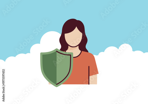 A stylish woman shields herself with a sun protection shield, promoting a healthy SPF routine. Modern illustration, vibrant colors, and a clear composition for commercial use.