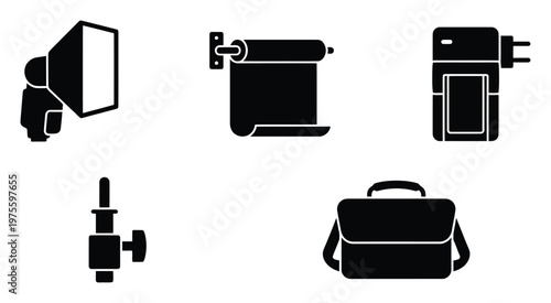 Professional photography studio equipment light modifiers battery chargers and travel essentials set for creative graphic projects web icons and business presentations