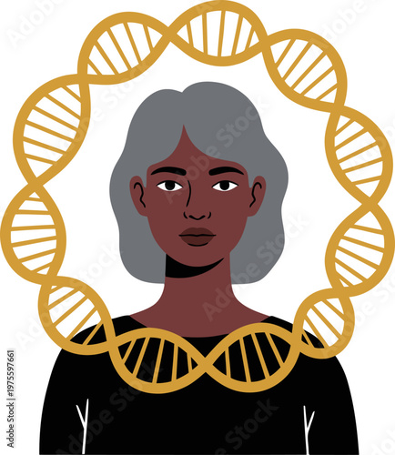A stylish woman with gray hair framed by a DNA helix, showcasing collagen booster skin elasticity. Modern illustration, soft colors, focused on beauty and aging gracefully.