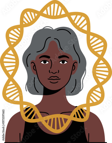 A stylish illustration showcases a woman with graying hair framed by a DNA helix, highlighting collagen booster benefits for skin elasticity and boosting skin.