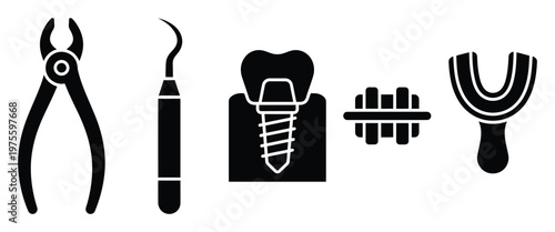 Professional dentistry equipment and treatment icons representing dental care, oral health, and modern stomatology for clinic advertising, medical websites, or patient education materials