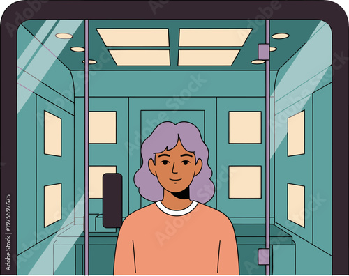 A stylish soundproof booth showcases a young woman creating art. Modern design, bright interior, and a confident expression. Perfect for creative projects.