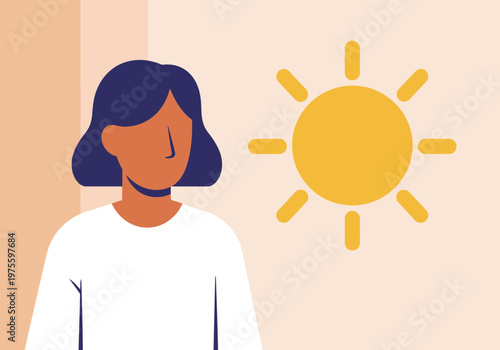 A stylized illustration depicts a woman with dark hair enjoying morning skin glow. A radiant sun symbolizes healthy, vibrant skin. Clean, modern design.