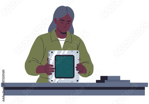 A technician installs quantum processor hardware, focused on the intricate device. Clean, modern workspace with metallic components. Professional, technical, and detailed.