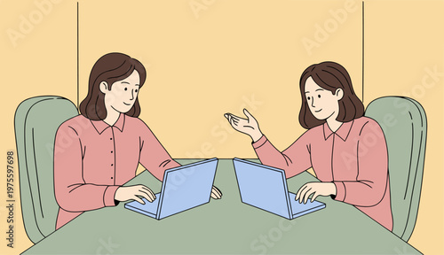 Two women collaborate remotely via laptops at a modern office pod. Focused on teamwork and productivity, featuring a clean, professional aesthetic.