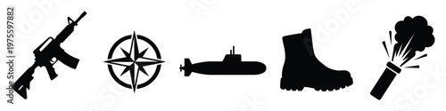 A comprehensive set of tactical military equipment and navigation icons featuring a rifle, compass rose, submarine, combat boot, and a smoke grenade symbol for various informational