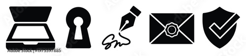 This collection of essential business and digital security icons includes a document scanner, a keyhole, a signature, a sealed envelope, and a verified shield for modern process