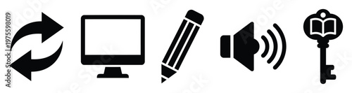 Essential icon set displaying refresh arrows, a computer monitor, a writing pencil, a volume speaker, and a knowledge key, suitable for digital education platforms and technology interfaces.