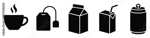 Variety of popular beverages in different containers like hot coffee, tea, milk, juice, and soda can for food and drink related marketing or web icons