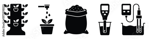 Essential agriculture and hydroponics icons for modern plant care, vertical farming, watering systems, and nutrient testing, perfect for apps, websites, and educational content.