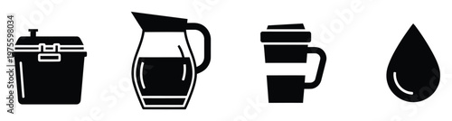 Essential water and beverage containers collection including a pitcher, cooler, and travel mug, perfect for hydration, drinking, and refreshment branding or healthy lifestyle promotion