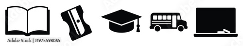 Collection of education icons including an open book, a sharpener, a graduation cap, a school bus, and a blackboard for schoolrelated media, web, and print design projects