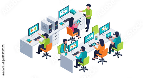Isometric illustration of college students learning in a vector university classroom, with characters using computers at desks in a brightly lit space, conveying a modern and collaborative