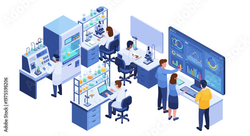 Isometric vector illustration of students in a university laboratory room, analyzing data on a large screen and conducting experiments at their workstations, depicted in a clean, modern
