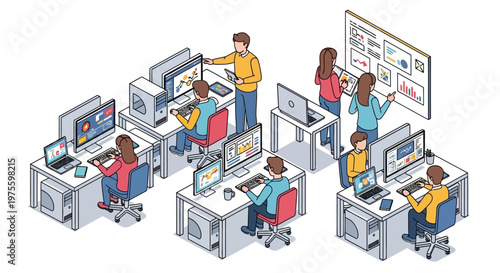 Isometric illustration of college students in a university laboratory room, working on computers with a teacher instructing, set against a white background with a clean design and a focus