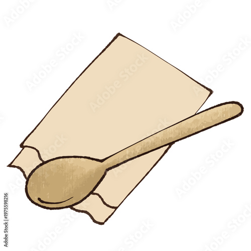 Cute hand-drawn wooden spoon and napkin illustration, natural cafe style clipart on white background
