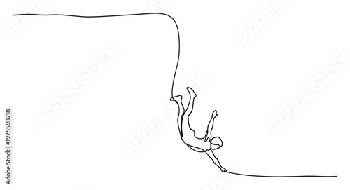 Minimalist continuous line drawing of a person engaged in bungee jumping or falling, symbolizing adventure, freedom, and overcoming challenges, perfect for modern visual communications.