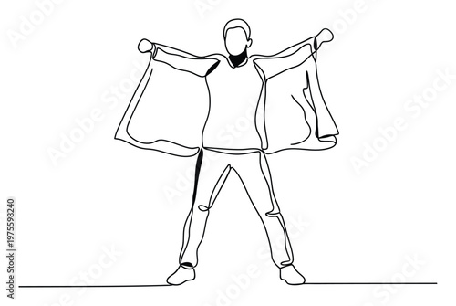 Single continuous line drawing of a person with outstretched arms wearing a wingsuit, perfect for conveying freedom, adventure, or flight concepts in modern graphic projects