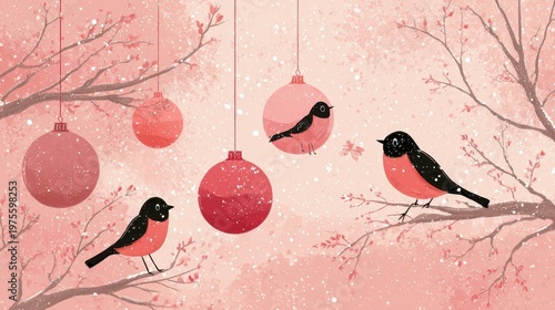 Charming Pixel Art Scene of Bullfinches Perched on Snowy Branches with Red Ornaments and Gentle Snowfall Under a Soft Pink Sky
