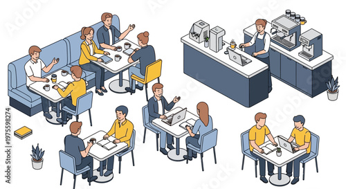 Isometric illustration of diverse people as vector characters in a university cafe setting, with college students working on laptops and enjoying coffee against a clean white background