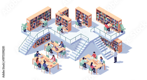 Isometric vector illustration depicting college students studying and reading in a multi-level university library, rendered with a clean and modern design style, showcasing the vibrant