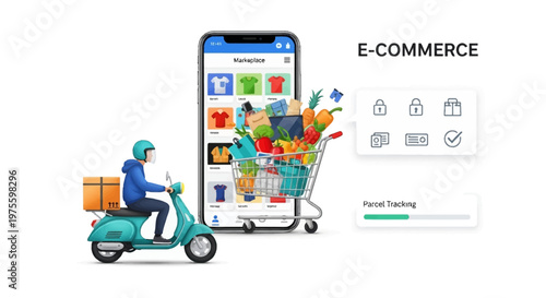 Illustration of a delivery ecosystem featuring a courier on a scooter carrying a package next to a phone displaying an online shopping application with a shopping cart filled